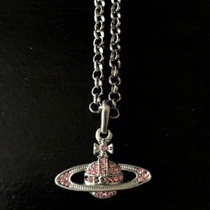 Silver Saturn Orb Necklace W/Pink Jewels